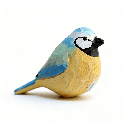 Vibrant hand-painted robin wooden figurine with striking blue and yellow plumage