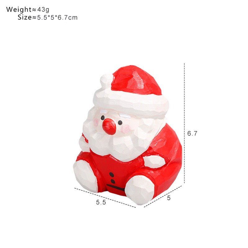 Close-up of a hand-painted wooden Santa Claus figure with rustic carving details