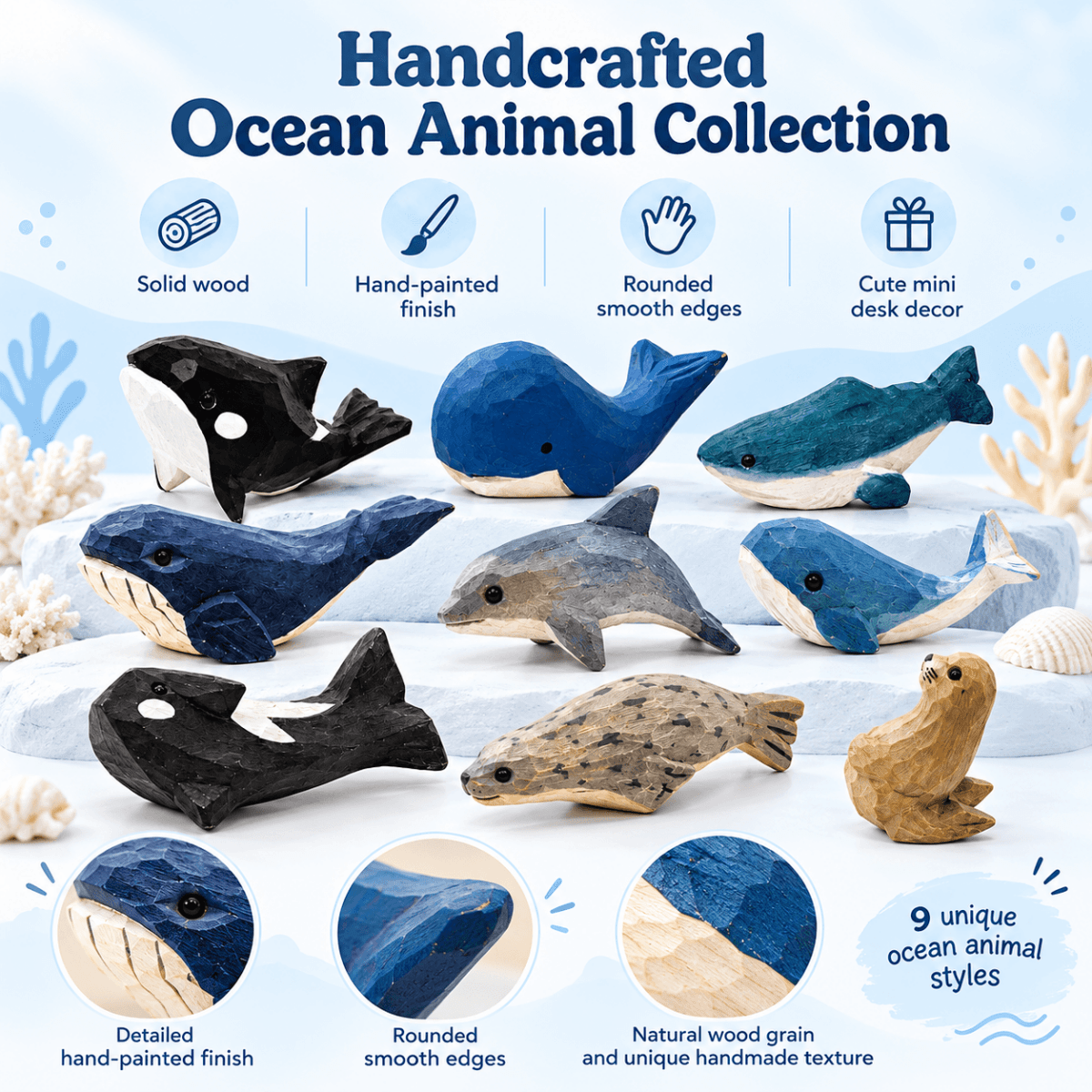 Wooden Ocean Animal Figurines – Hand-Painted Collection - FunAcrylic
