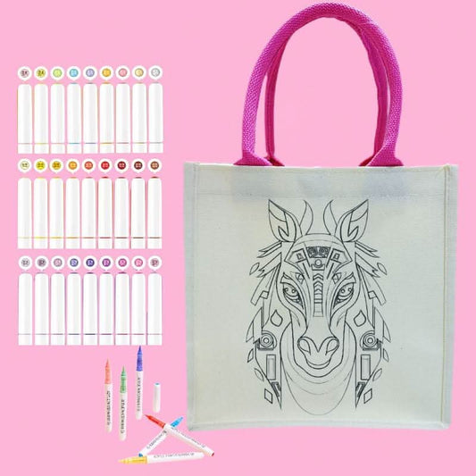 Canvas tote bag featuring a cute horse outline ready for DIY coloring and painting