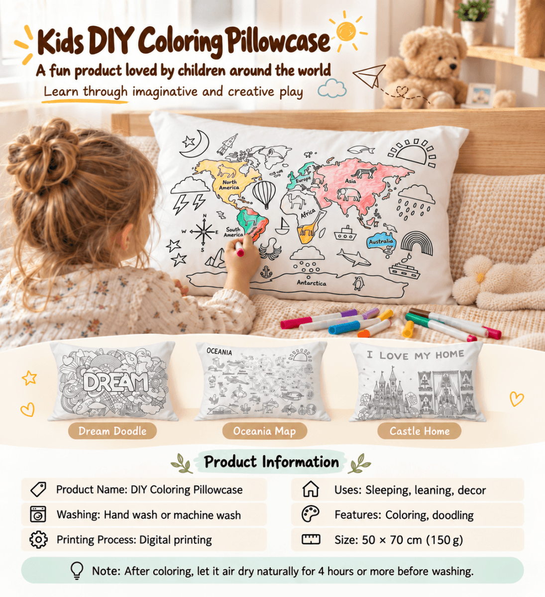 Kids DIY coloring pillowcase product guide with three designs, washing instructions, and size details