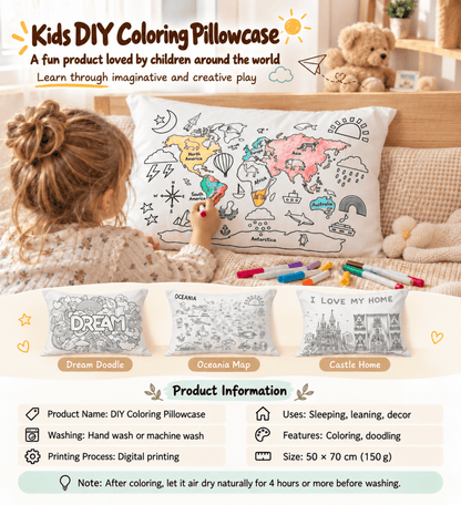 Kids DIY coloring pillowcase product guide with three designs, washing instructions, and size details
