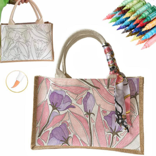 A DIY kit featuring a lavender-themed tote bag with coloring options and colorful markers.