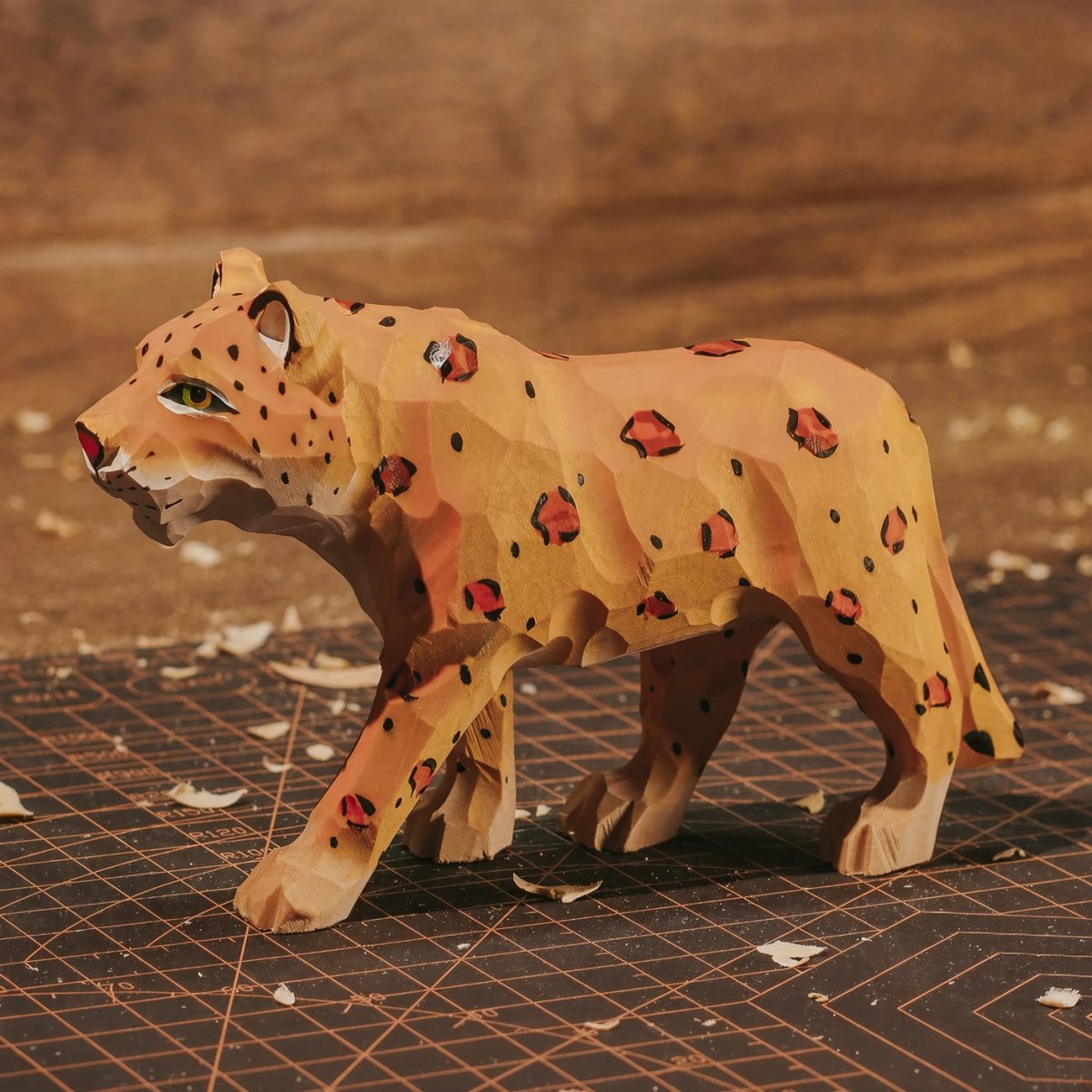 Painted wooden leopard craft displayed on a wooden work surface