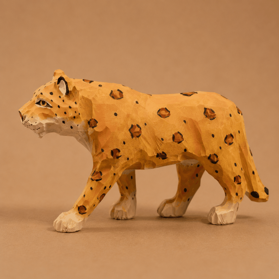 Hand-painted wooden leopard shown in five warm-toned views