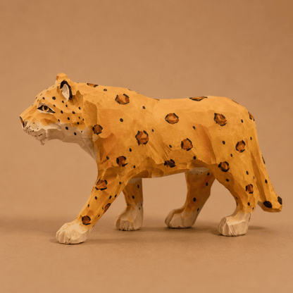 Hand-painted wooden leopard shown in five warm-toned views