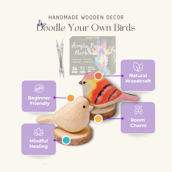 A colorful wooden bird craft kit with acrylic paint markers, designed for beginners and promoting mindfulness.