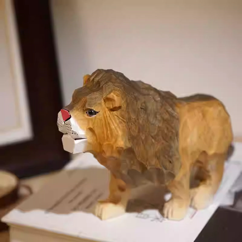 A wooden lion statue with detailed carving and a lifelike expression.