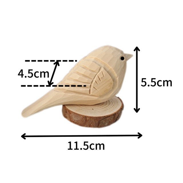 A wooden bird sculpture with dimensions displayed, perfect for home decor.