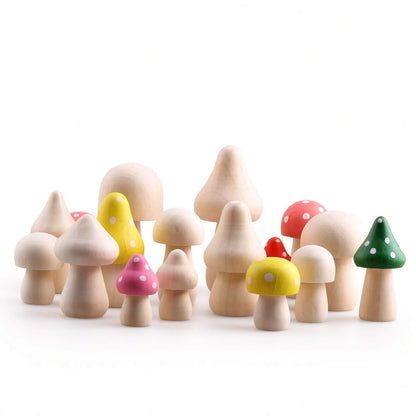 Colorful painted wooden mushrooms displayed on a home shelf