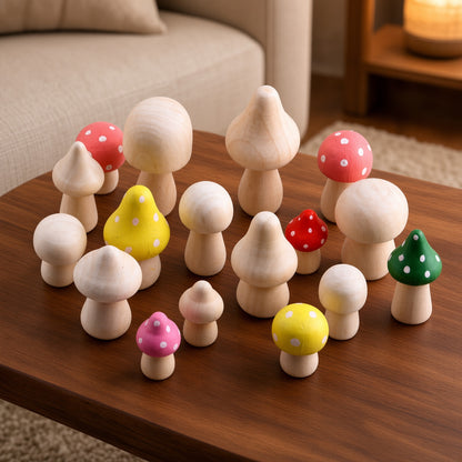 Colorful wooden mushroom painting kit with assorted painted and unfinished mushroom shapes