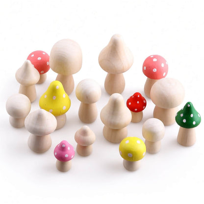 Painted wooden mushrooms displayed as home decor on a windowsill