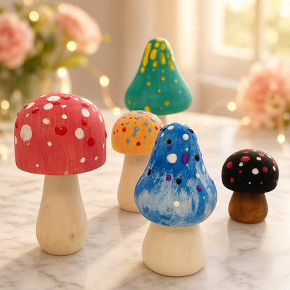 Hand-painted wooden mushrooms in mixed colors displayed as home decor