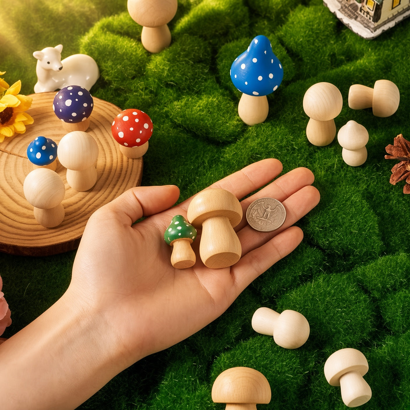 Mini wooden mushrooms held in a hand next to a coin for size comparison