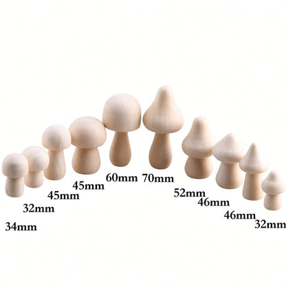 Size guide of 10 unfinished wooden mushrooms from 32 mm to 70 mm