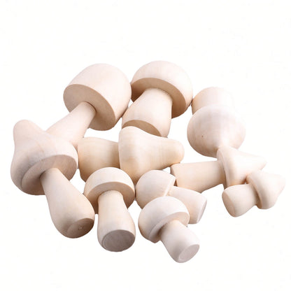 Painted wooden mushrooms displayed as home decor on a windowsill