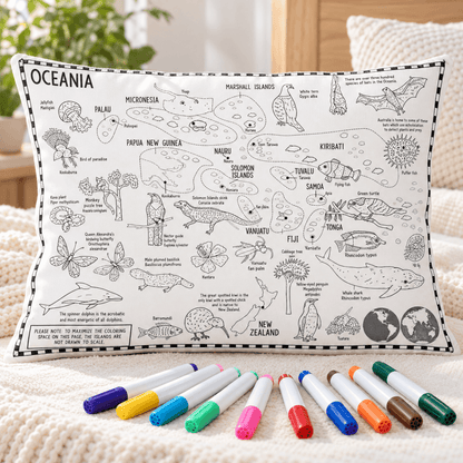 Uncolored Oceania map pillowcase with country names, landmarks, and animal illustrations