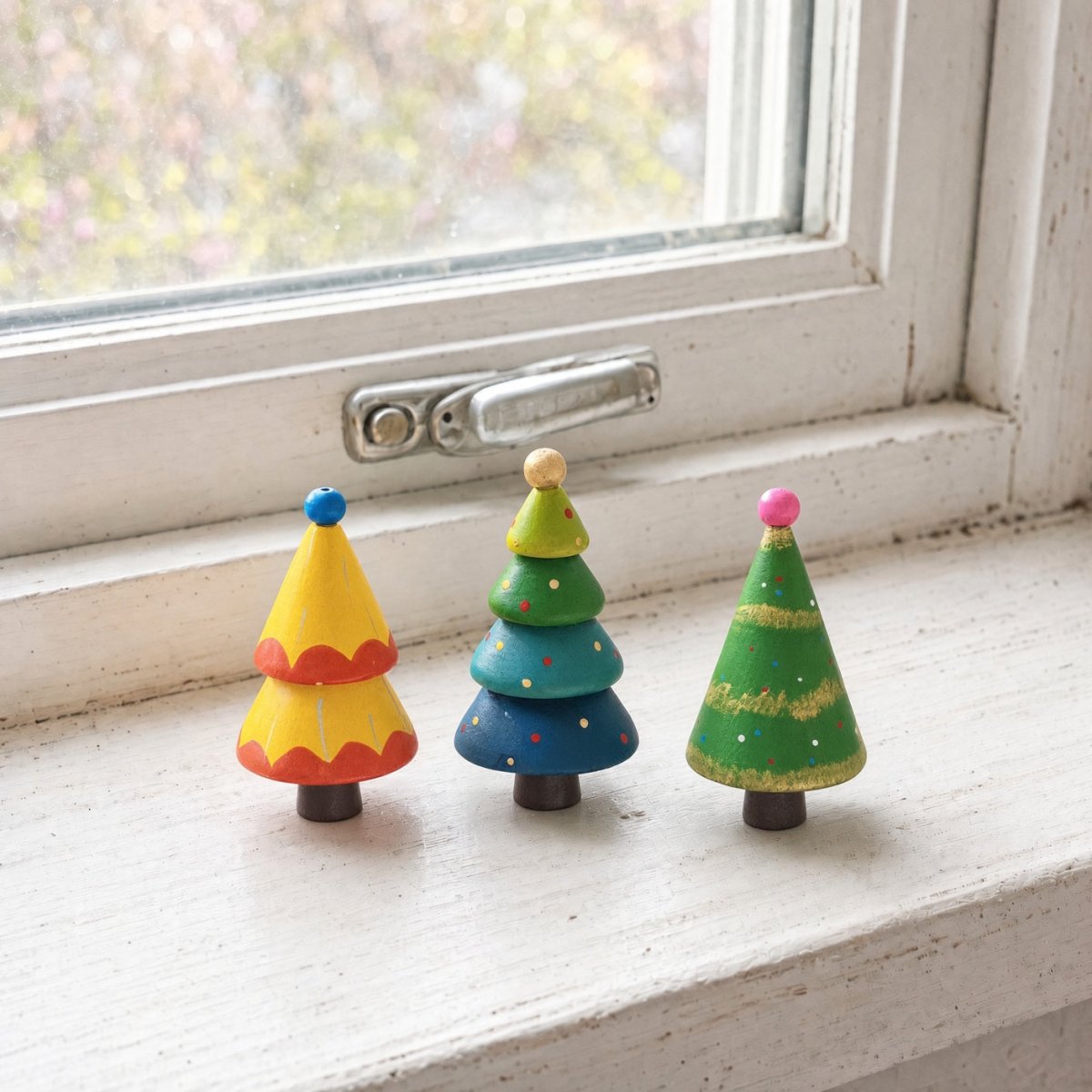 Three hand-painted wooden Christmas trees displayed on a bright windowsill for holiday decor.
