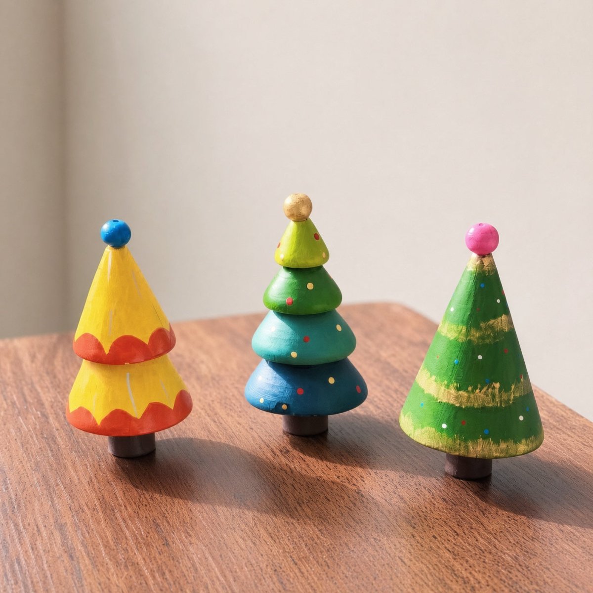 Three colorful hand-painted wooden Christmas trees displayed on a wooden table.