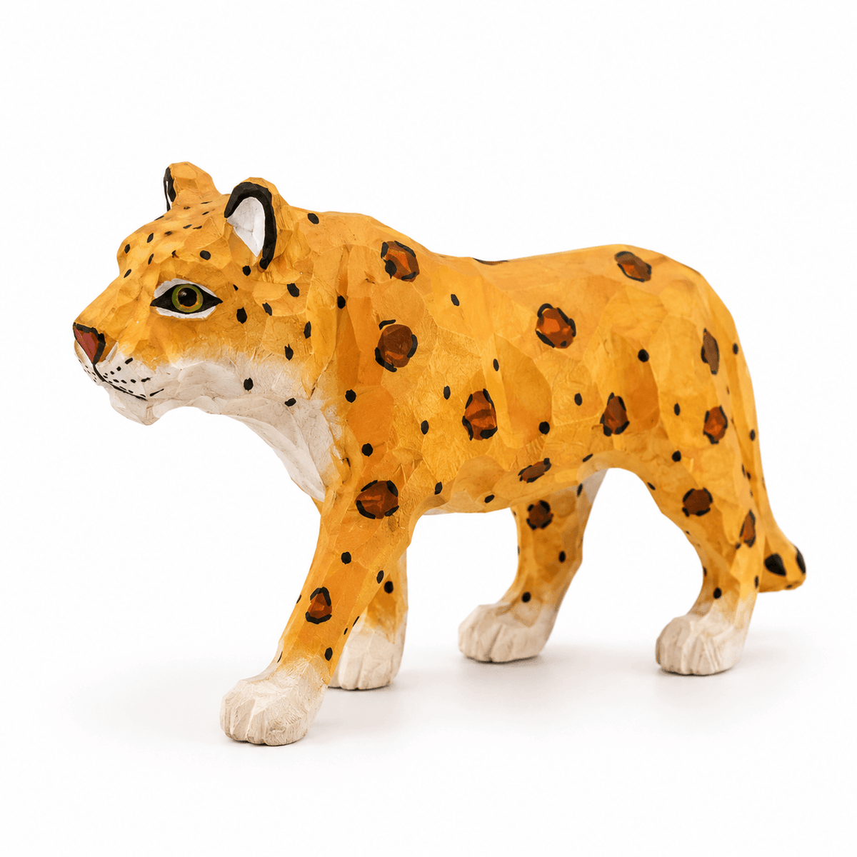 Hand-painted wooden leopard figurine displayed on a white background
