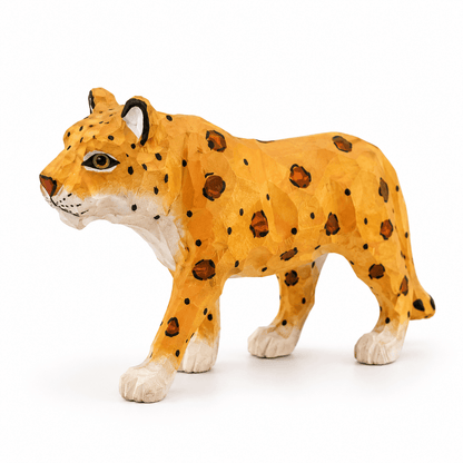 Hand-painted wooden leopard figurine displayed on a white background