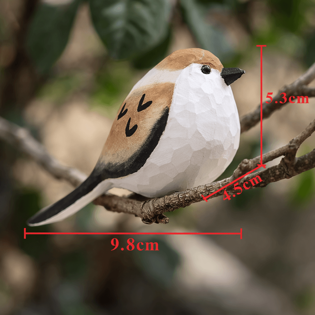 Size dimensions of the painted sparrow carving: 9.8cm length, 4.5cm width, and 5.3cm height