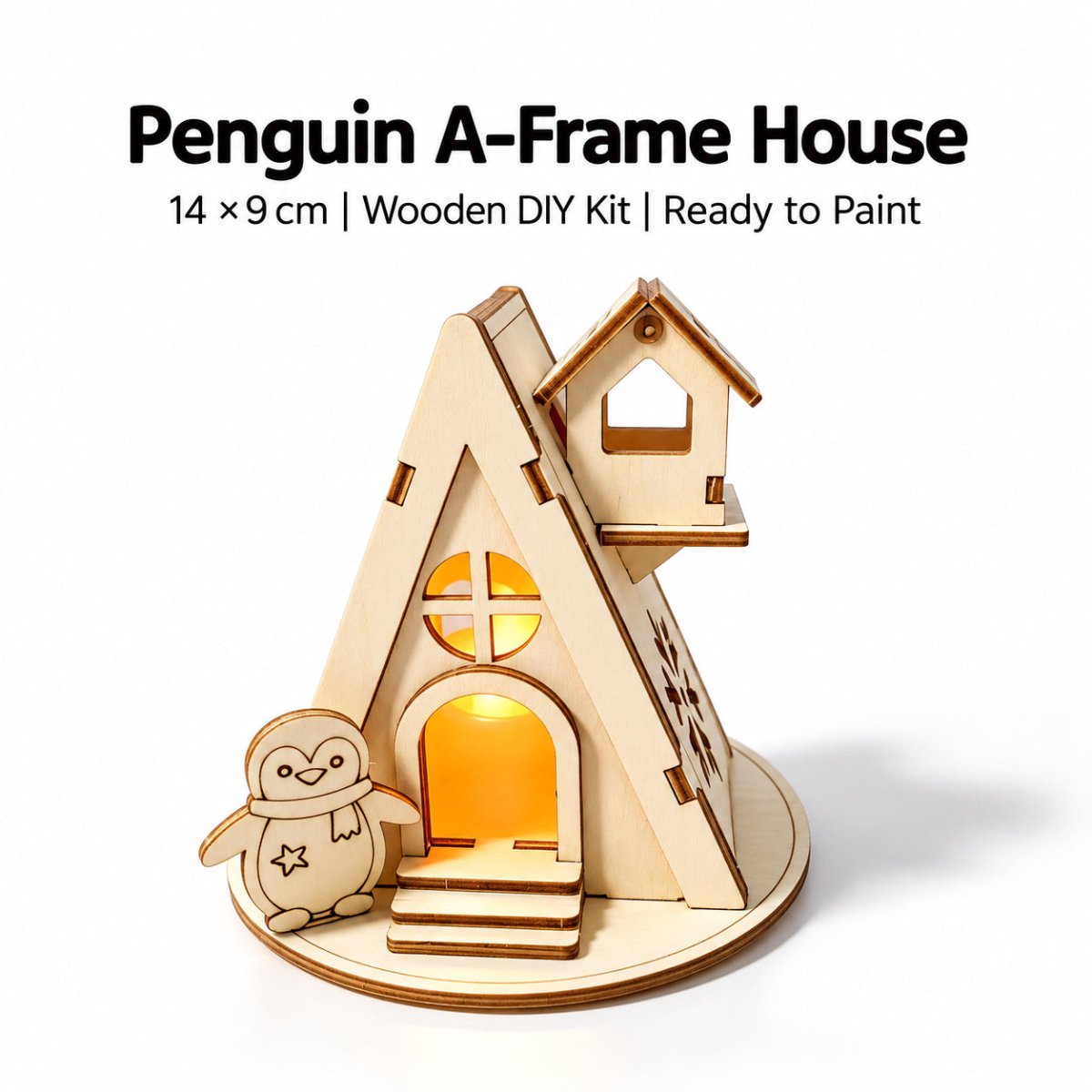 Penguin A-frame DIY wooden Christmas house with painted holiday details
