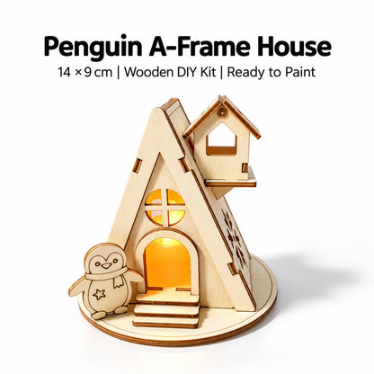 Penguin A-frame DIY wooden Christmas house with painted holiday details