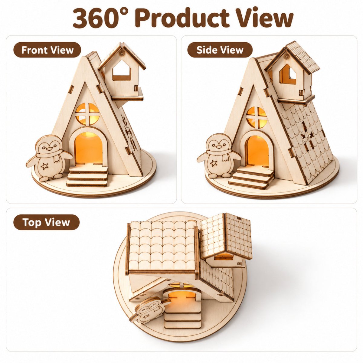 Front, side, and top views of a penguin A-frame wooden Christmas house