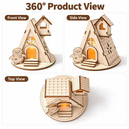 Front, side, and top views of a penguin A-frame wooden Christmas house