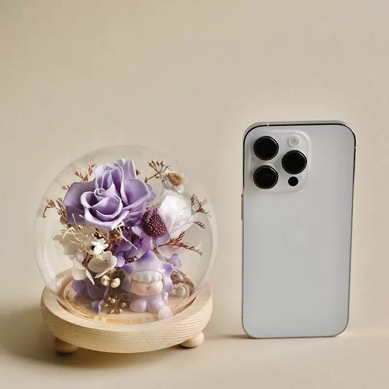 a comparison of the dimensions between an iphone and a purple galss dome