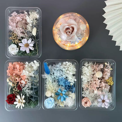 Kit contents including real preserved flowers, moss, wooden base, and crafting tools