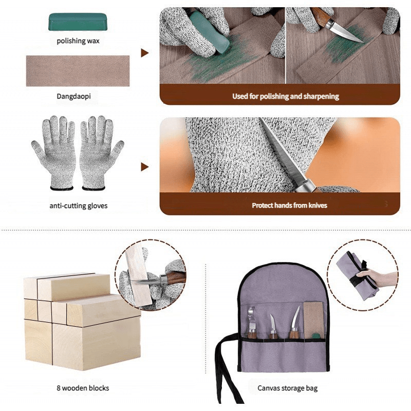 A set of tools including polishing wax, anti-cutting gloves, wooden blocks, and a canvas storage bag for safe handling and sharpening.