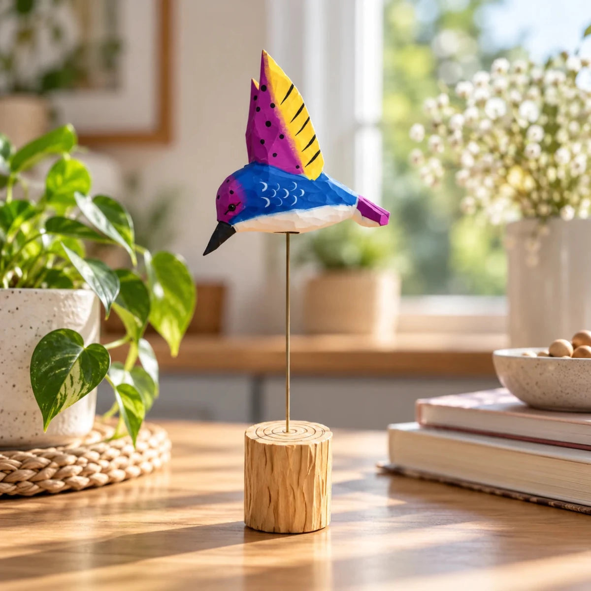 Purple, blue, and yellow wooden hummingbird ornament on a wire stand by a bright window