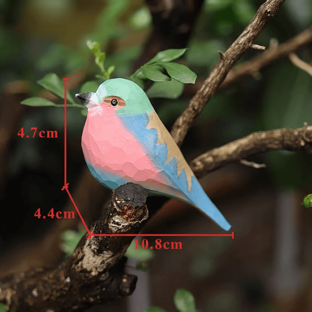 Colorful bird figurine perched on a branch, measuring 4.7cm in height, 4.4cm in width, and 10.8cm in length.