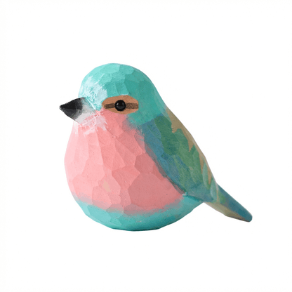 A colorful acrylic bird figurine painted in pink, turquoise, and light green.