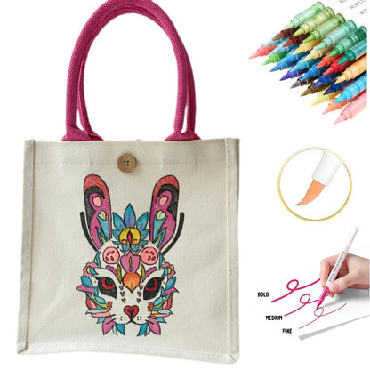 A detailed illustration of a rabbit on a canvas bag, showcasing vibrant colors and artistic designs.