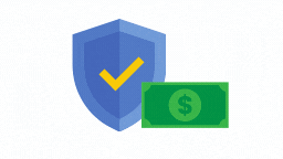 A shield with a checkmark next to a dollar bill, symbolizing secure transactions.