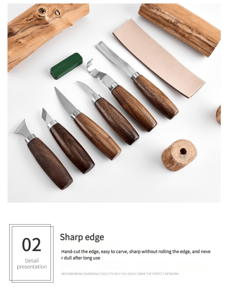 A collection of woodworking tools featuring sharp edges designed for carving.