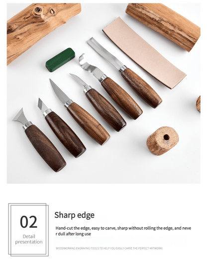 A collection of woodworking tools featuring sharp edges designed for carving.