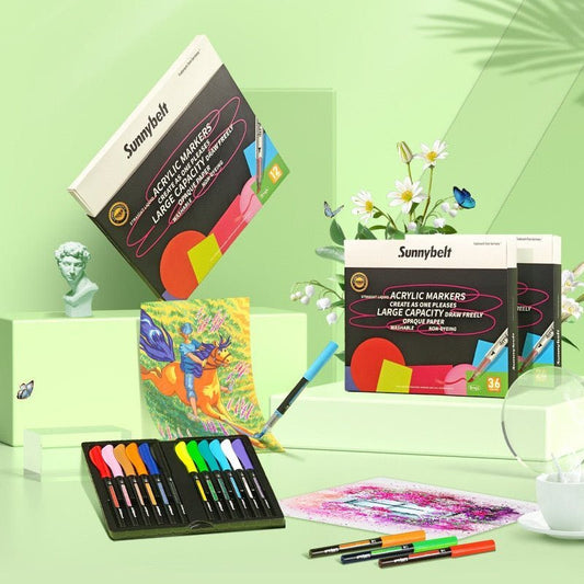Soft-tip acrylic markers for vibrant DIY projects on wood, fabric, and t-shirts, displayed alongside art creations.