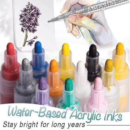 A variety of water-based acrylic markers displayed, showcasing their vibrant colors and a hand using one marker to create a floral design.