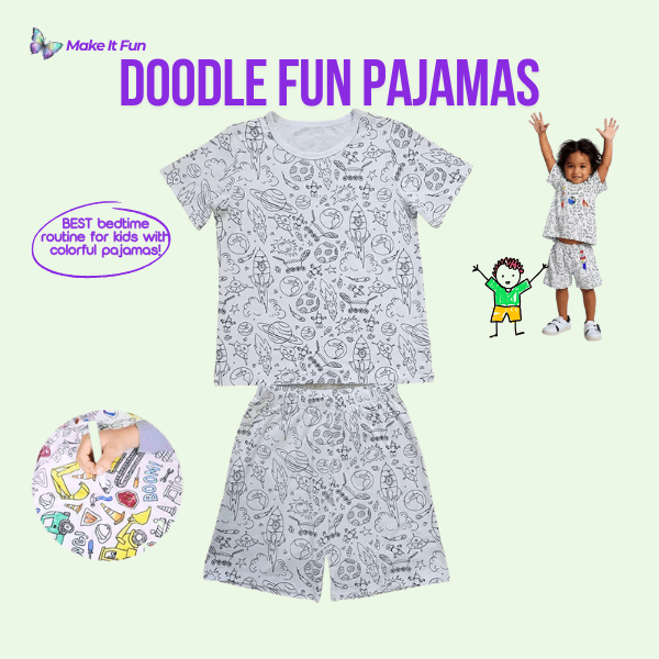 Color-in short-sleeve pajamas for kids featuring doodle designs for creative bedtime fun.