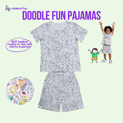 Color-in short-sleeve pajamas for kids featuring doodle designs for creative bedtime fun.