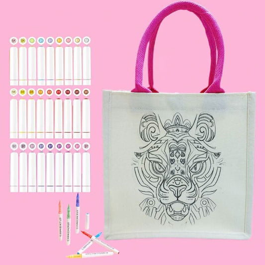 Canvas tote bag featuring a cute tiger outline ready for DIY coloring and painting