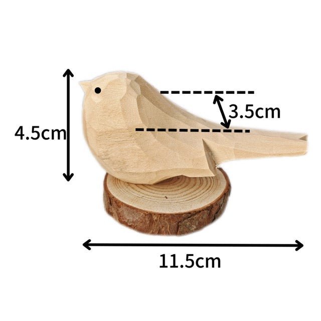 A charming wooden bird decor piece with natural finish, measuring 10cm in length, 5.5cm in height, and 4.5cm in width, perfect for home decoration.