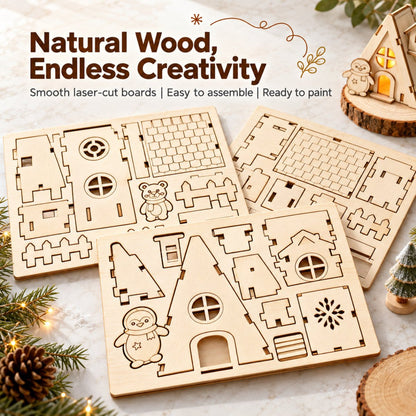 Unfinished laser-cut wooden Christmas house puzzle sheets before assembly