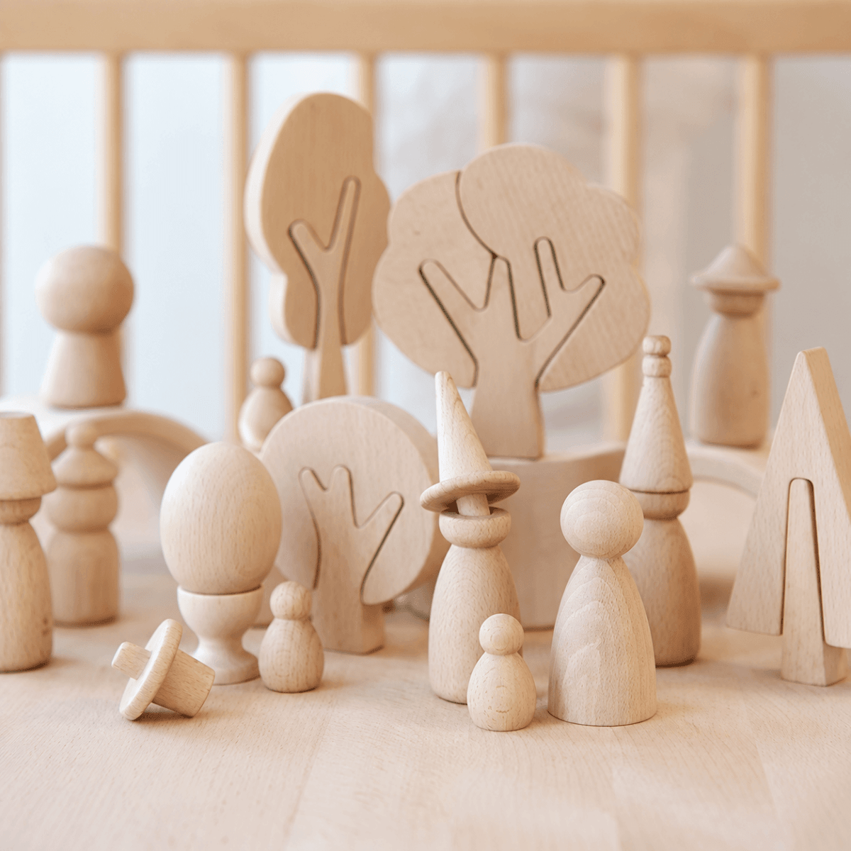 Unfinished wooden forest trees mushrooms and peg dolls ready to paint