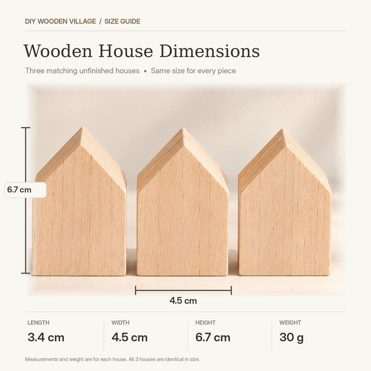 Unfinished wooden house pieces shown with dimensions in a size guide