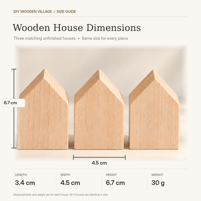 Unfinished wooden house pieces shown with dimensions in a size guide